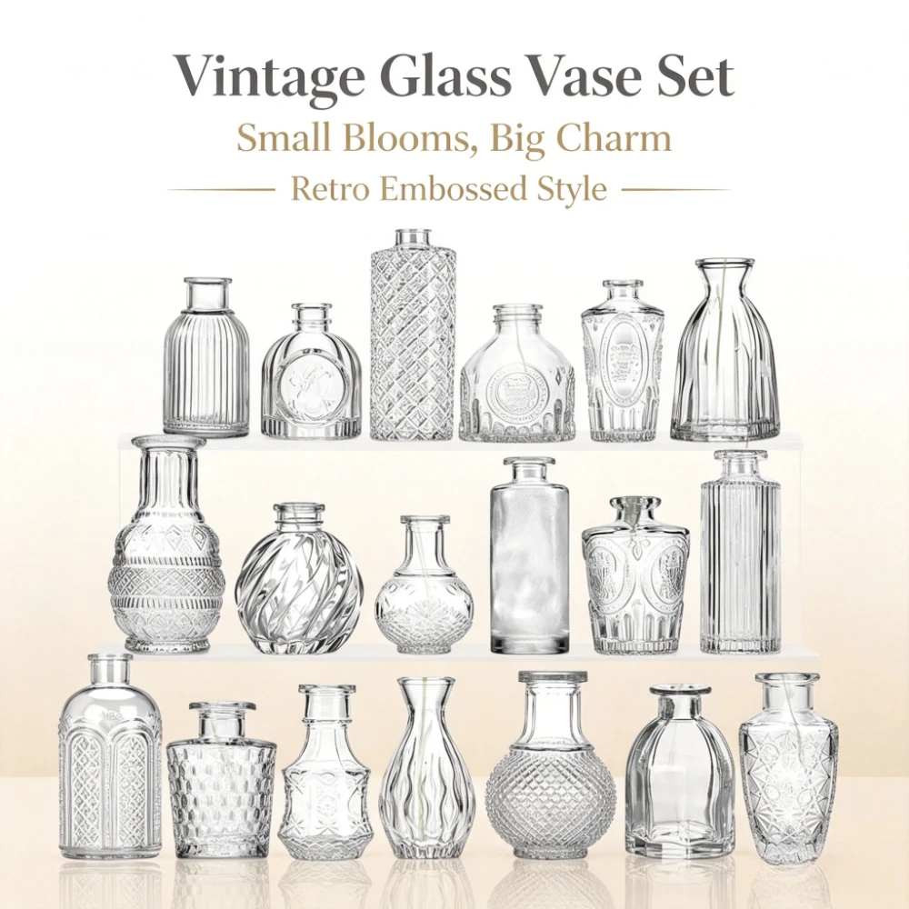 Vintage Embossed Clear Glass Bud Vase Nordic Mini Small Flower Vases Wedding Table Centerpieces Floral Arrangement Decor