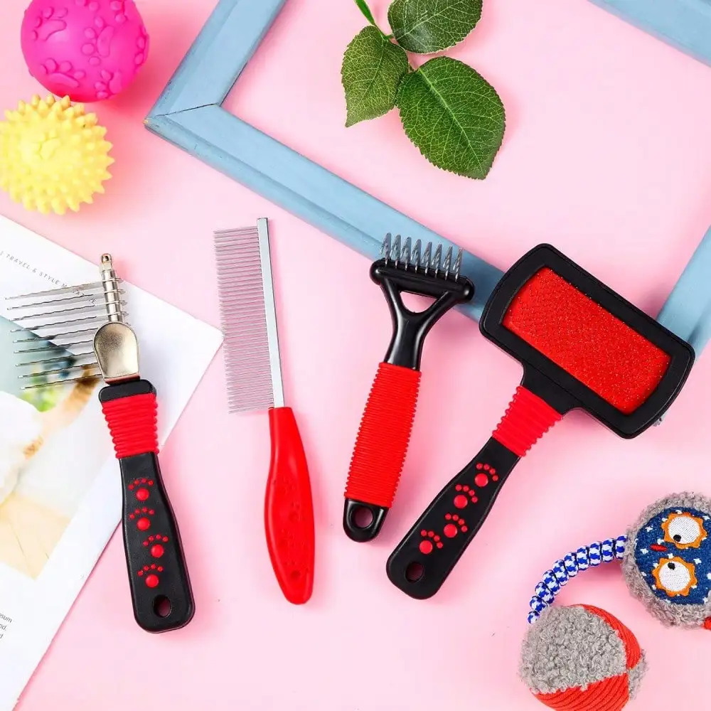 

Dematting Combs, Slicker Brush, And Steel Comb For Removing Knots And Hair From Dogs, Cats, And Poodles-4 Pieces Pet Grooming Kit