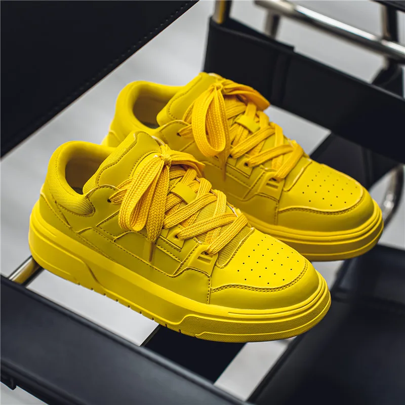 

Street Yellow Skateboard Shoes Men Fashion Design Leather Platform Sneakers Men Original Outdoor Non-slip Men's Casual Sneakers