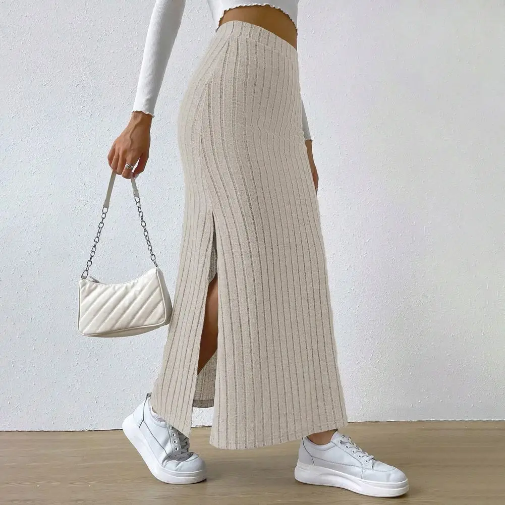 Long Skirt Striped High Waist Knitted Maxi Skirt for Women Warm Ankle Length Slim Fit Sheath Skirt with Split Hem Fall Winter