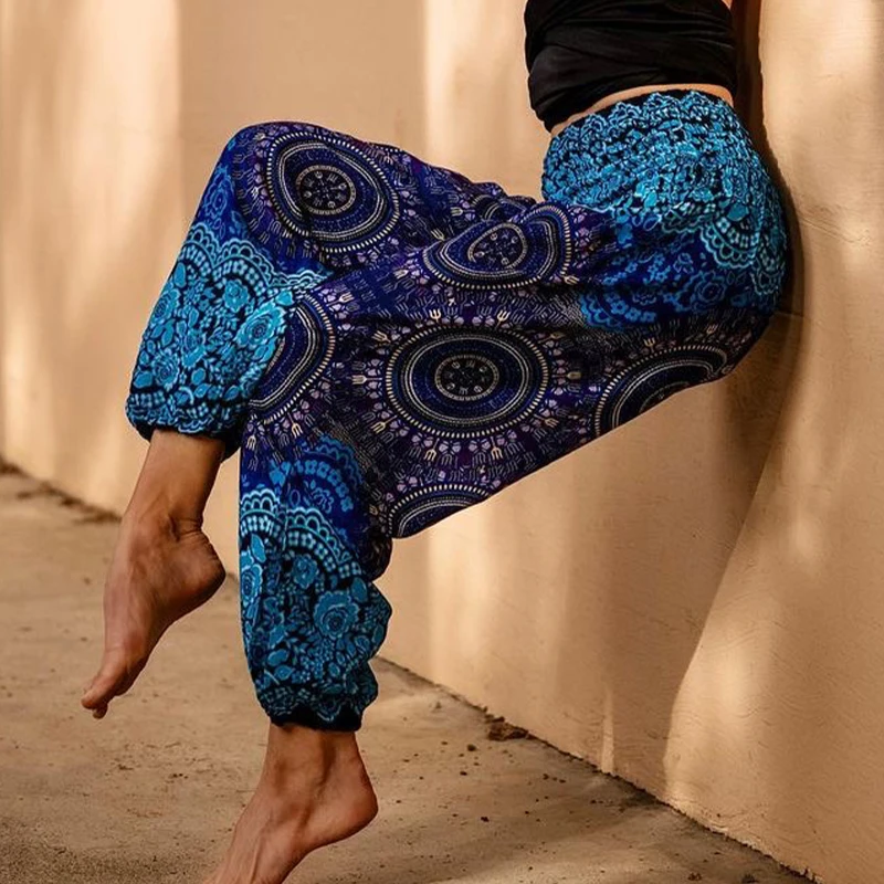 Women Hippie Pants Boho Loose Yoga Pants Rayon Pocket Female Beach Clothing Daily Harem Baggy Jogging Outdoor High Waist Printed