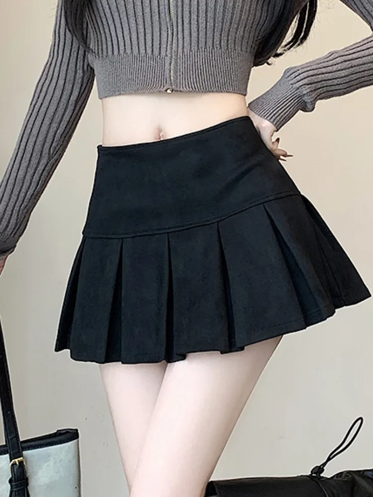 Hoge taille A-lijn rok in bla herten suède fluweel voor dames herfst winter vintage college sle anti-lichte wandelrok