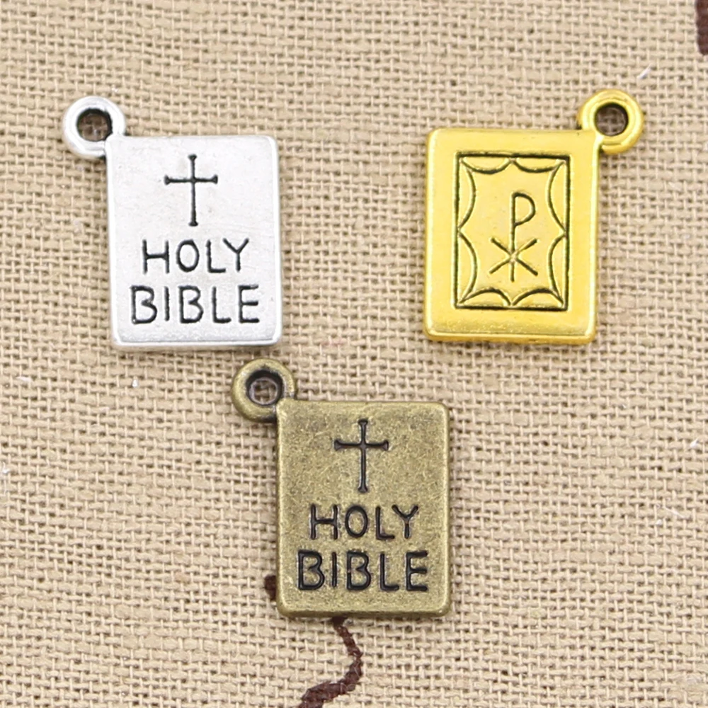 15pcs Charms Book Holy Bible 17x14mm Antique Bronze Silver Color Pendants Making DIY Handmade Tibetan Bronze Jewelry