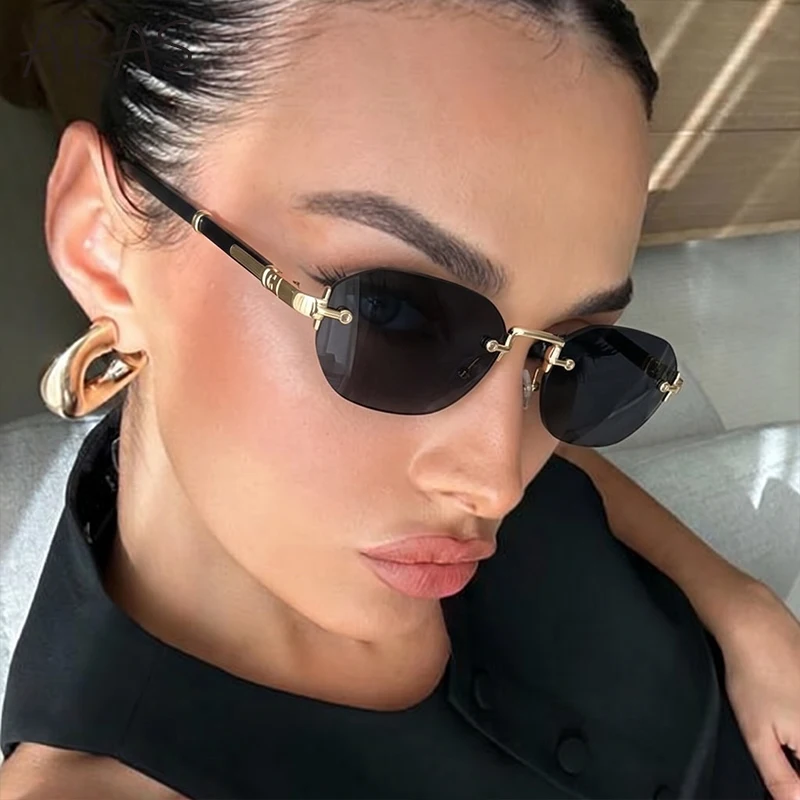 

Small Frame Rimless Rectangle Sunglasses Women 2026 Luxury Brand Vintage Y2K Frameless Metal Sun Glasses Ladies Polygon Shades