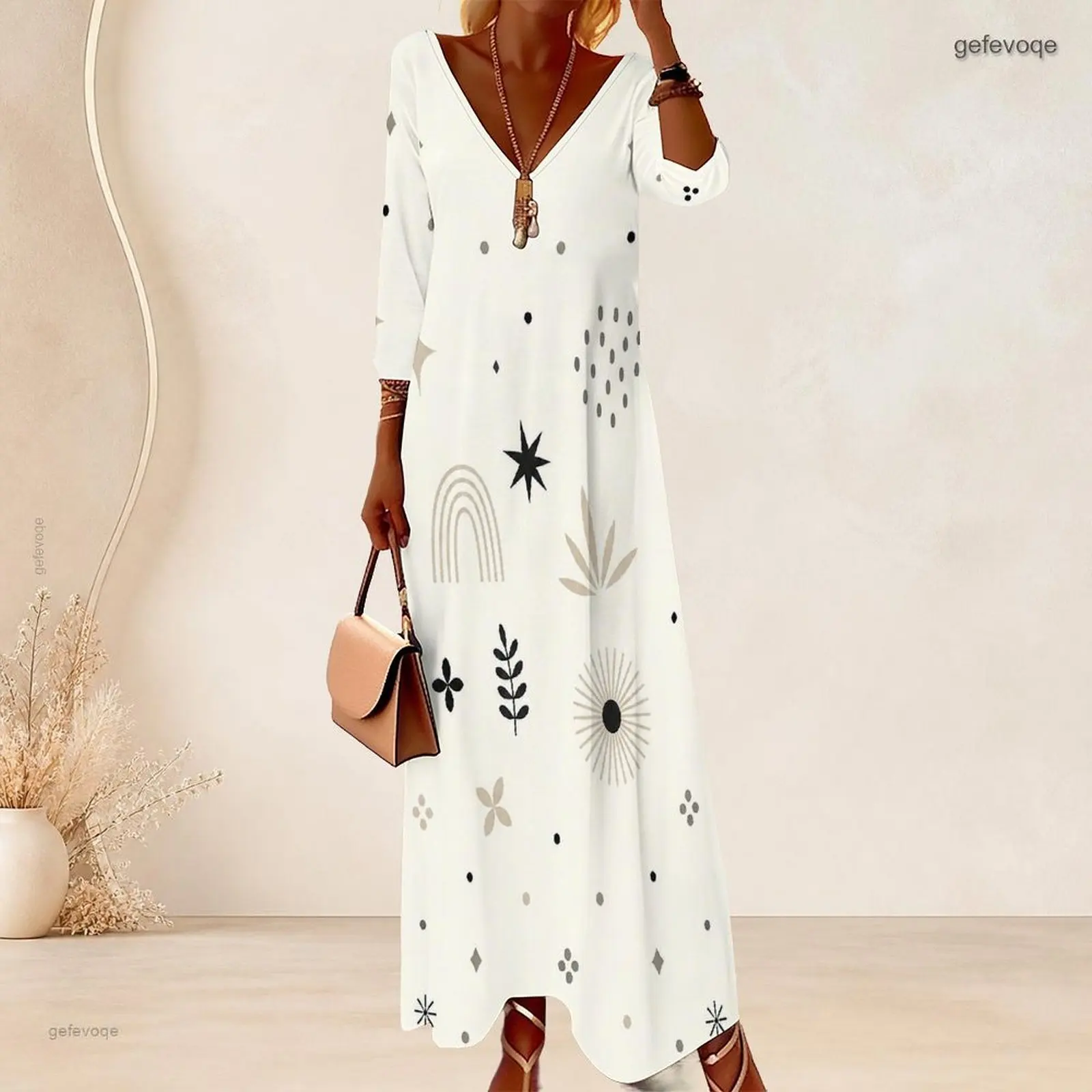 Women V Neck 3/4 Sleeve Abstract Geometric Printed Long Dress