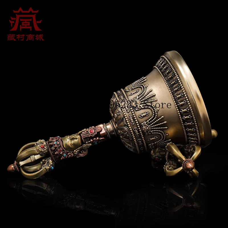 Five-pronged Vajra Bell and Staff, an exquisite, intricately carved, and colorful beaded Vajra staff copper ornament for indoor