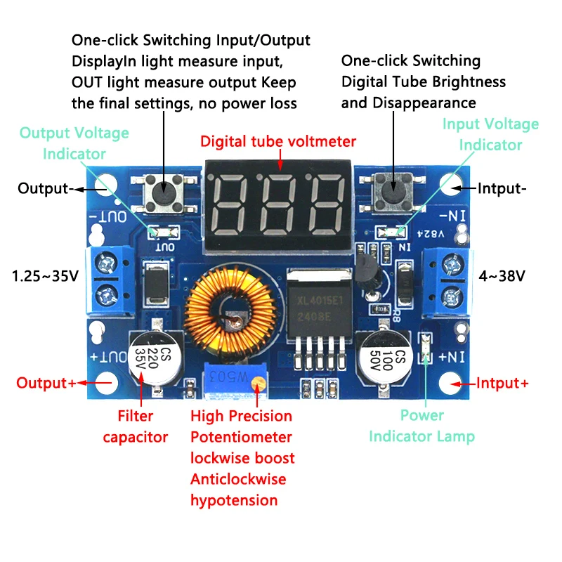 1PCS 5A 75W XL4015 DC-DC Converter Adjustable Step-Down Module 4.0-38V to 1.25V-36V DIY Adjustable Power Supply