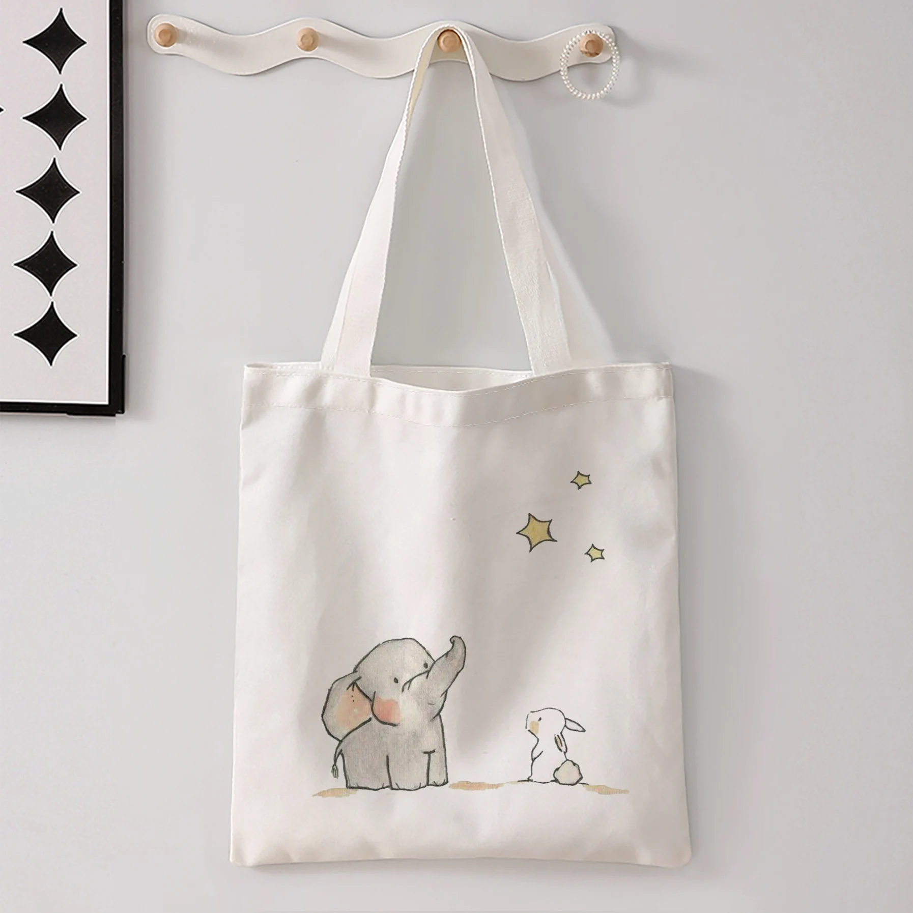 Cute Sketch Elephant Rabbit And Stars Print Tote Bag Large Shoulder Handbag For Shopping Daily Commute
