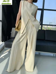 Beige a la moda para mujer, conjunto de 2 piezas con chaleco sin mangas Irregular, pantalones de pierna ancha de cintura alta, verano 2024