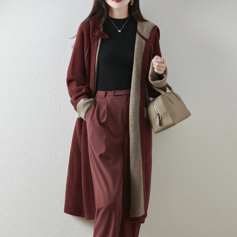 Women's 100%Merino Wool Reversible Long Overcoat Hood Collar Contrast Cuff Pocket Detail Vintage Elegant Autumn Winter Outerwear