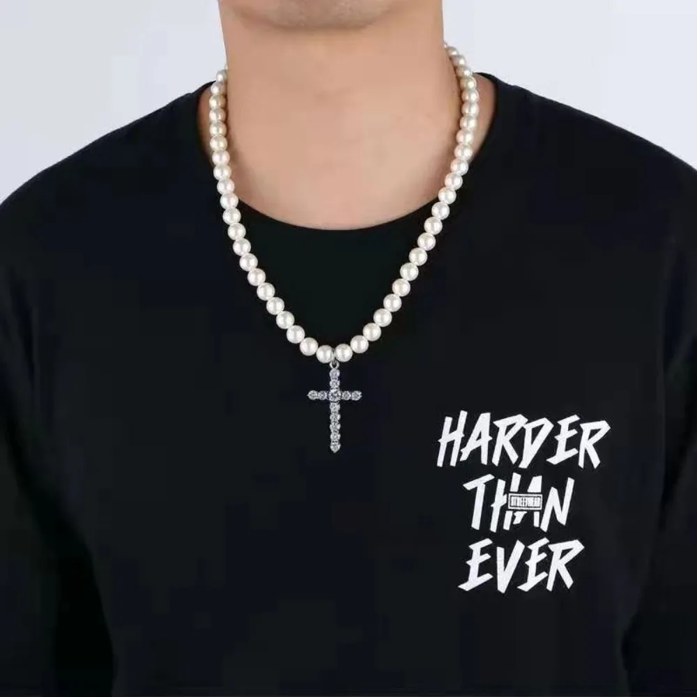 Pearl Beads Chain Cross Pendants Necklace Men Trendy White Beaded Choker Shiny Rhinestone 2023 Fashion Jewelry Male