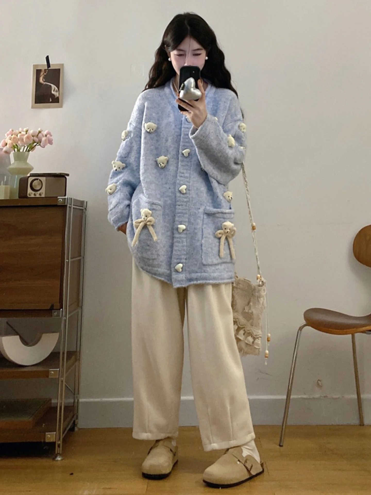 

Милый омолаживающий 3D-кардиган с медведем, синий, вязаный, женский, осенне-зимний, больших размеров, свободный, средней длины, на пуговицах