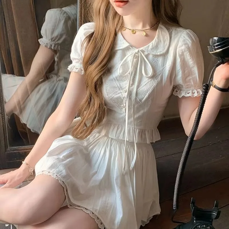 

2026 Kawaii French Outfits Women White Puff Sleeve Blouse + Ruffle Lace Trim Skirt Women Casual Daily Street Cute Fashion Sets