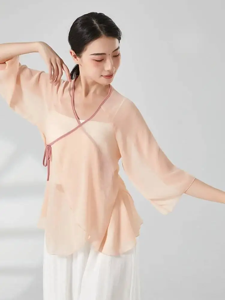 สีทึบ V คอตาข่ายสําหรับผู้หญิงกลางแขน SLIM FIT เสื้อเต้นรํา Modern Performance สวมใส่ร่วมสมัยซ้อมเครื่องแต่งกาย