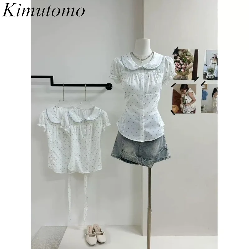 Kimutomo Shirts Women Polka Dot Printed Peter Pan Collar Puff Short Sleeve Crop Tops Vintage Sweet Preppy Style Blouse Female