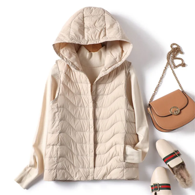 Gilet en duvet de canard blanc Ultra léger pour femme, manteau chaud, sans manches, à capuche, court, collection automne-hiver 2022