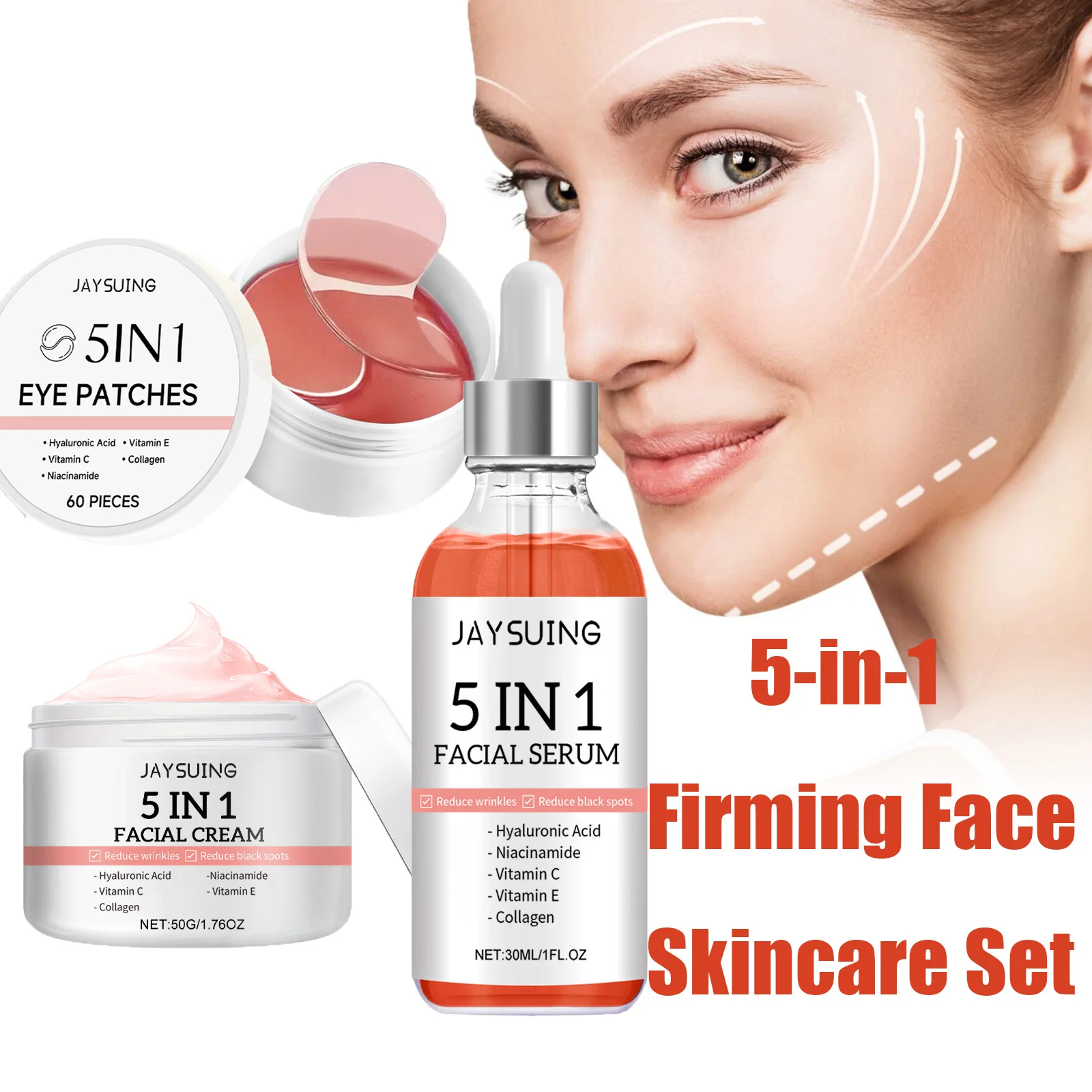 Conjunto de Cuidados com a Pele 5 em 1, Sérum Facial Firmador, Creme Anti-Idade, Patches de Colágeno para os Olhos, Hidratante Iluminador, Reduz Poros