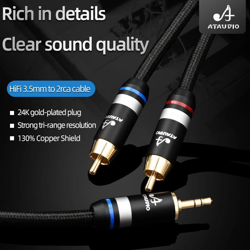 HiFi 3.5mm to 2RCA Cable 6N OFC Spiral Nerve Wire Individual Shielding Stereo 3.5 Jack to 2RCA Male for Amplifier Laptop