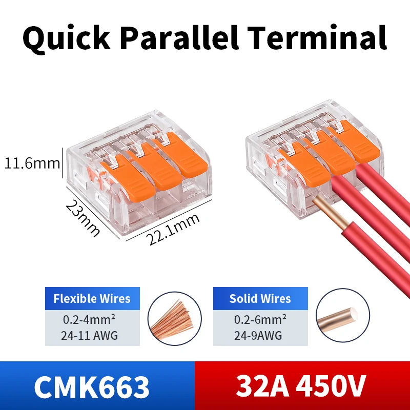 10/20/50pcs Quick Parallel Terminal Electrical Compact Splicing Household Connectors CMK66 3Ports Wide Capacity 0.2-6mm²/24-9AWG