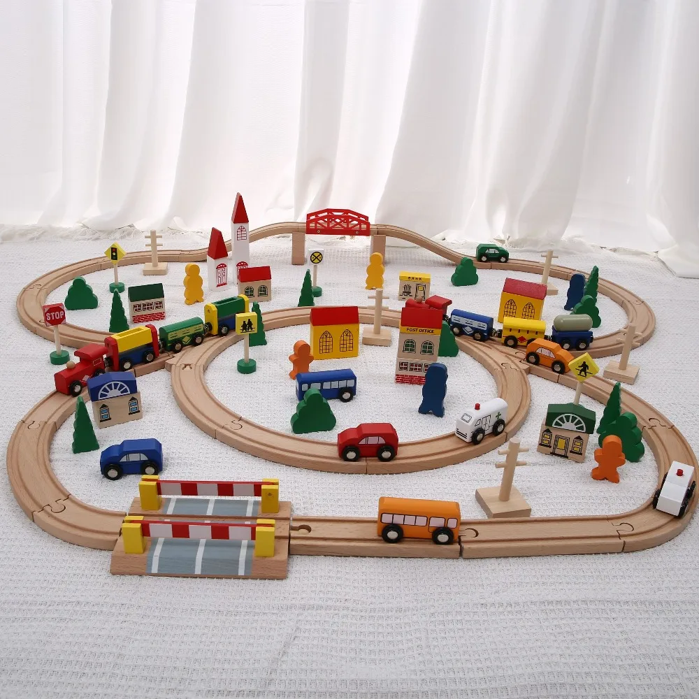 Ensemble de train en bois avec assemblage coulissant sur rail, blocs de construction en bois, voiture sur rail pour enfants, voiture jouet, garçon