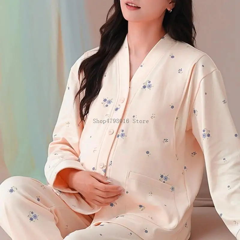 Long Sleeve Pajamas That Include Bra Pad for Postpartum Comfort Cold Season