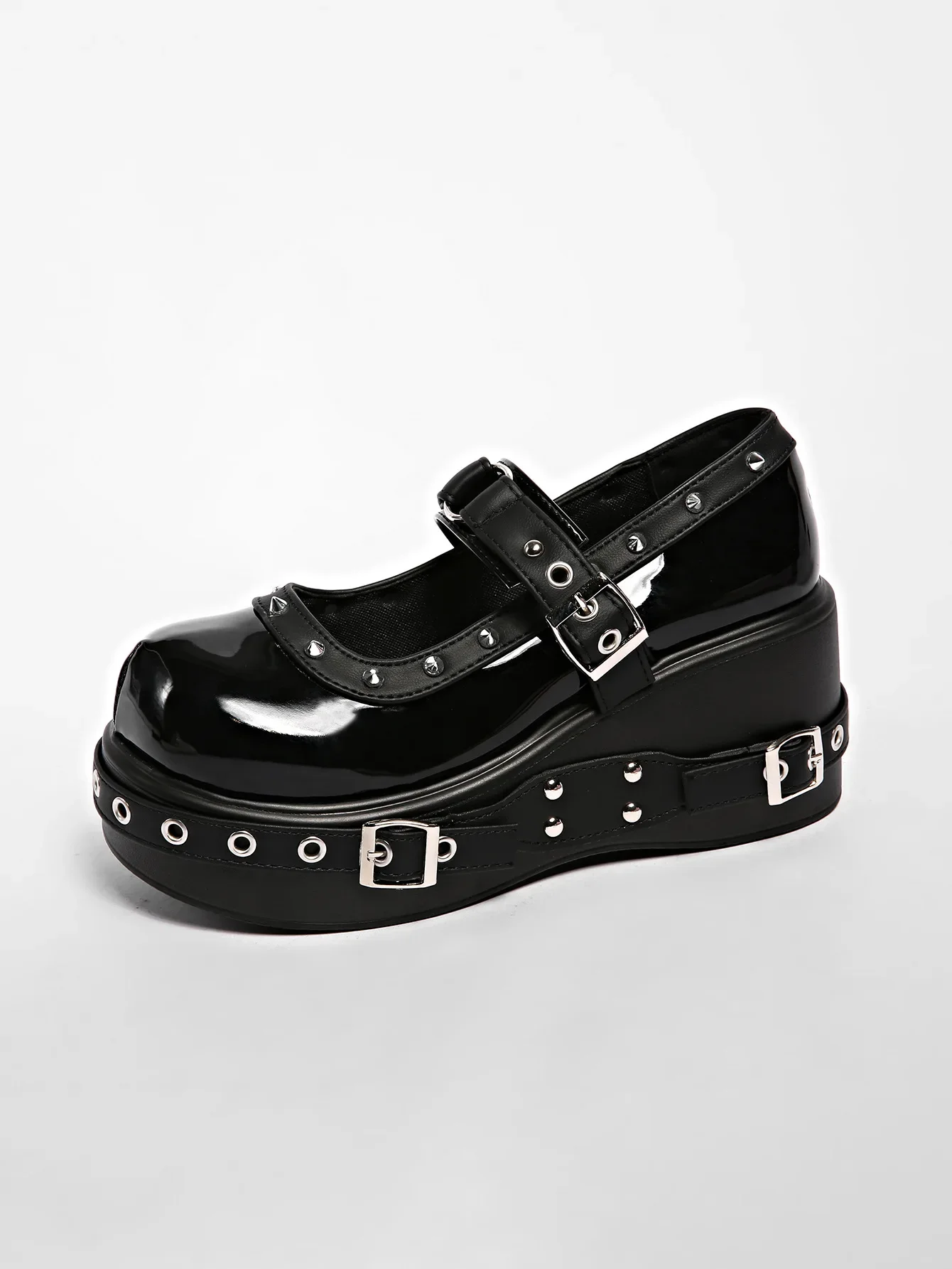 Damen Plus Size 35-42 Mary Jane Schuhe, Plateau T-Strap Pumps, Nietenbesetzte Schwarze Leder-Freizeitschuhe, Cosplayer Punk-Stil Schuhe – Detail 17