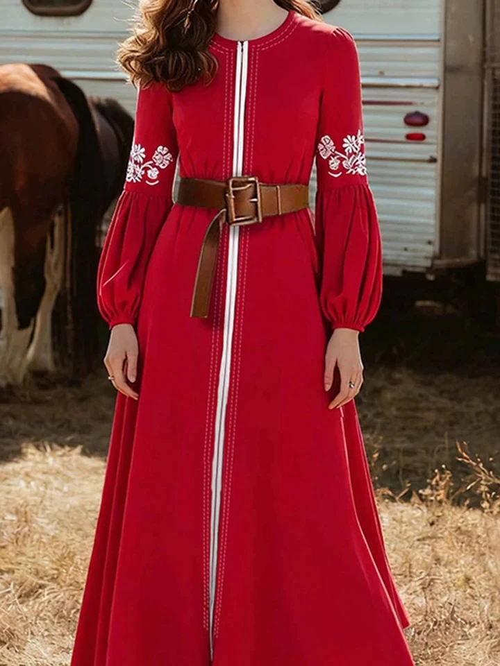 

Casual Bohemian Pattern Print Maxi Dress O-neck High Waist Lantern Long Sleeve Party Dress Temperament Simple Zipper Lady Dress