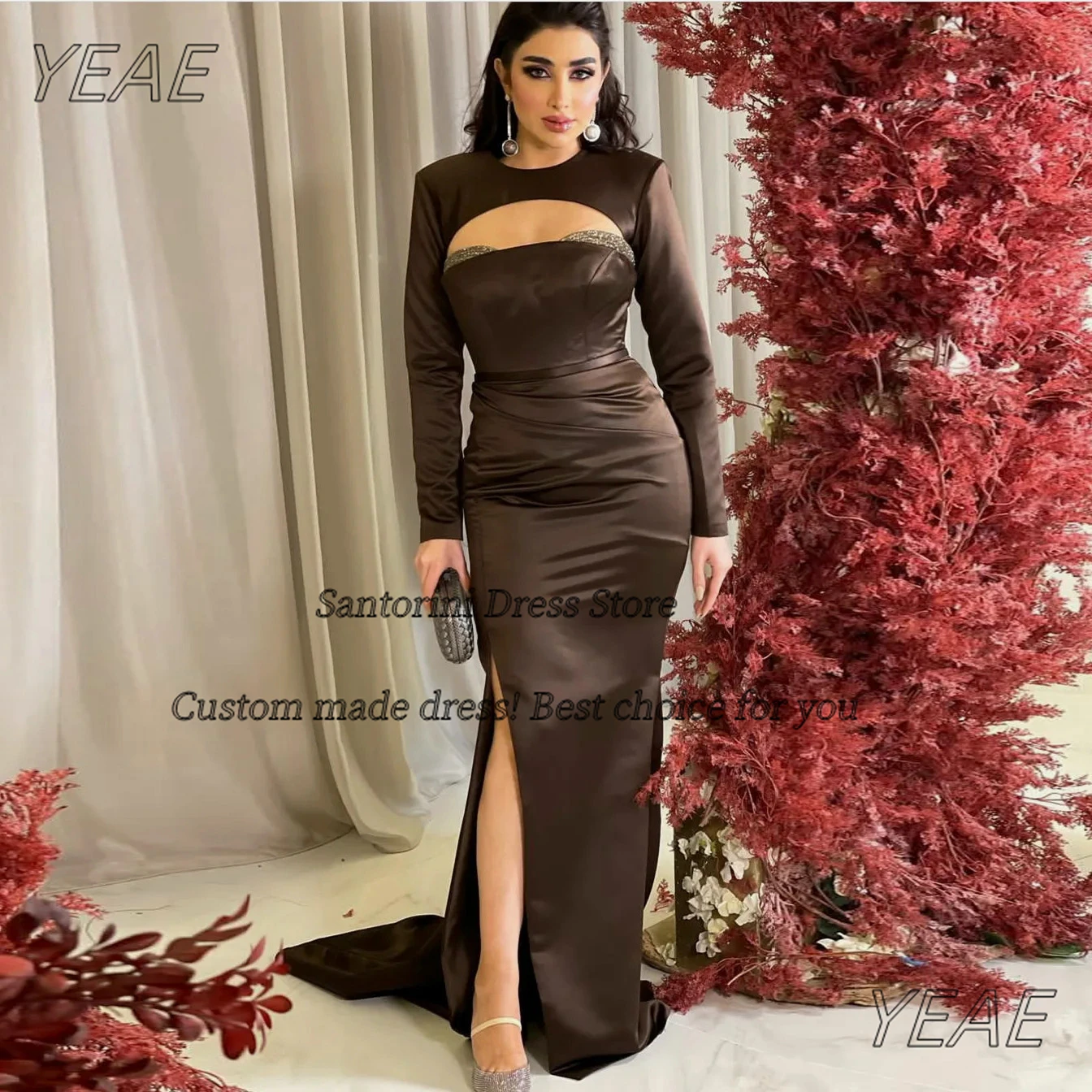 Santorini Customized Long Sleeves Prom Dresses Beaded Keyhole платье вечернее Side Slit Special Occasion Women Evening Gowns