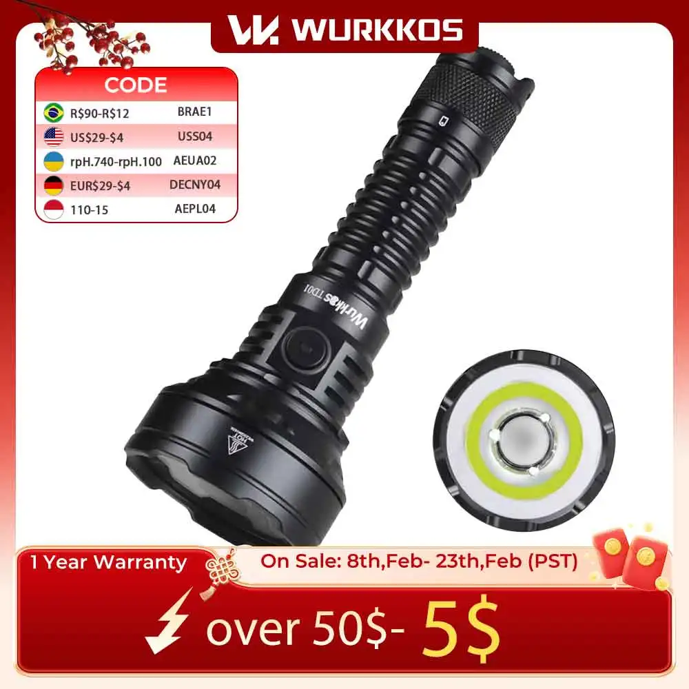 Wurkkos TD01 21700 Rechargeable Tactical Flashlight LED USB-C 2200Lm Torch PMMA Lens Throw 1039M IPX8 Waterproof EDC Tail Switch