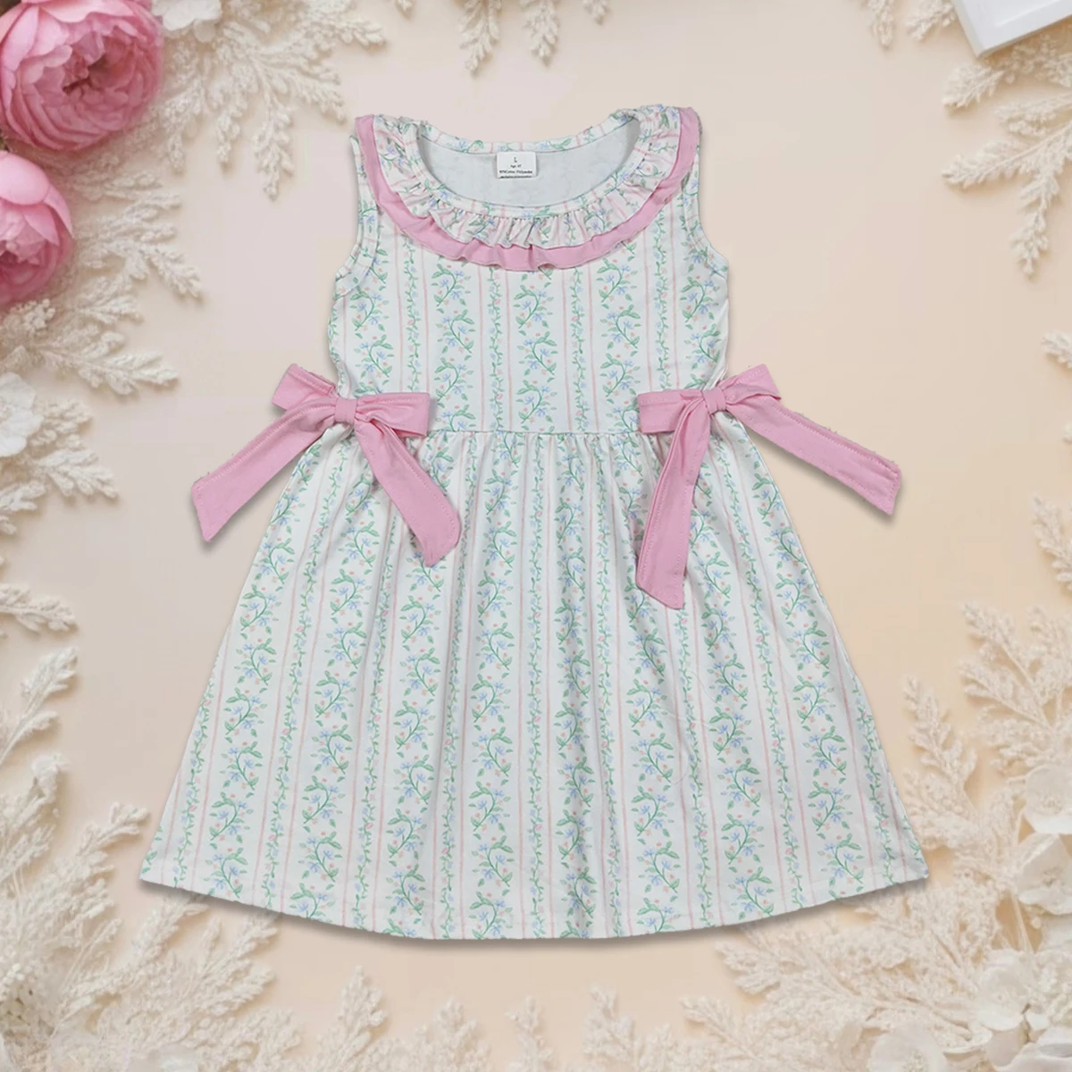 

Baby Girl Dress Fashion Cute Kids Clothing Floral Stripe Bows Toddler Sleeveless Ruffles Knee Length Dresses Children One Piece