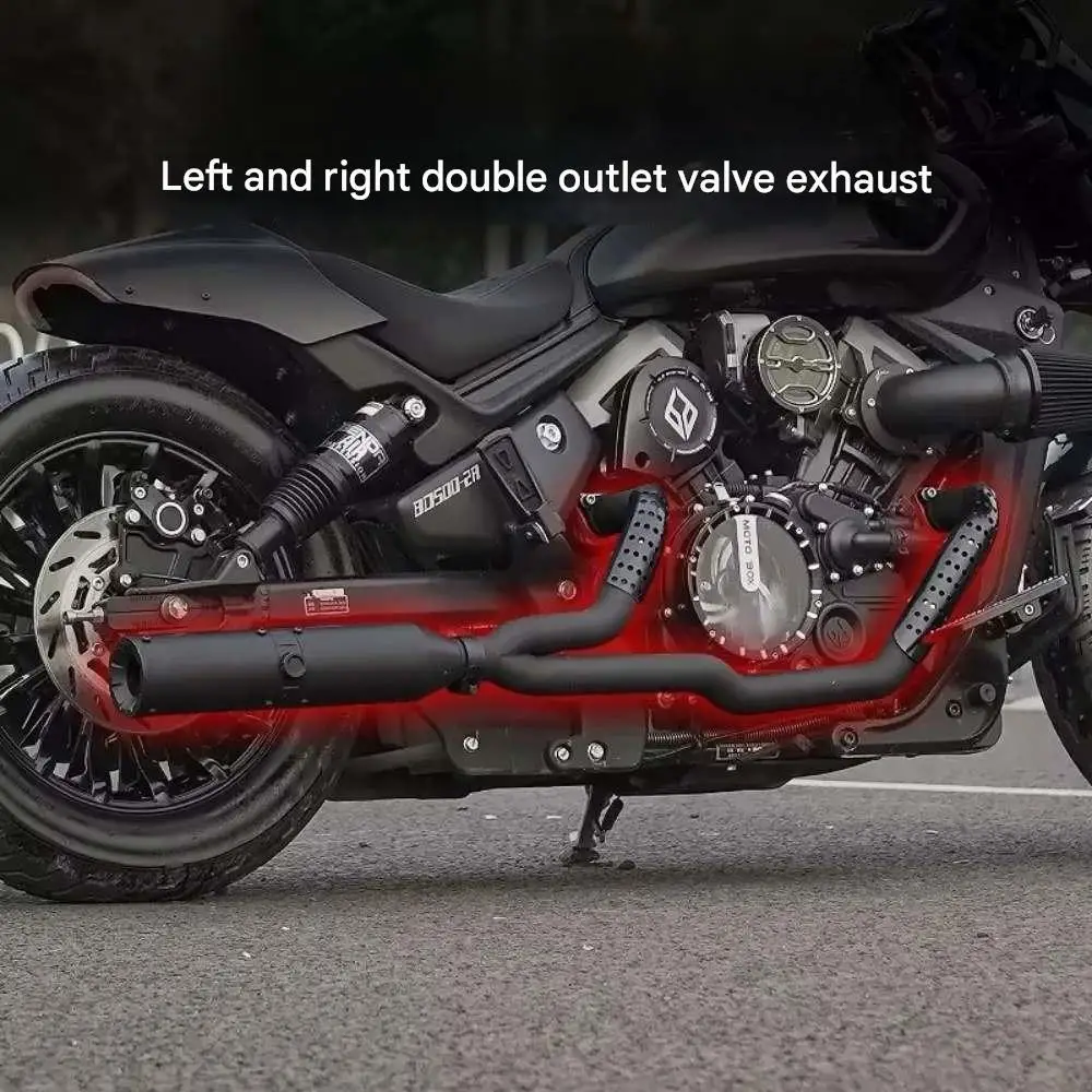 Dual stainless steel exhaust pipes on both sides, adjustable for a deep, resonant sound. for BENDA DARK FLAG 500