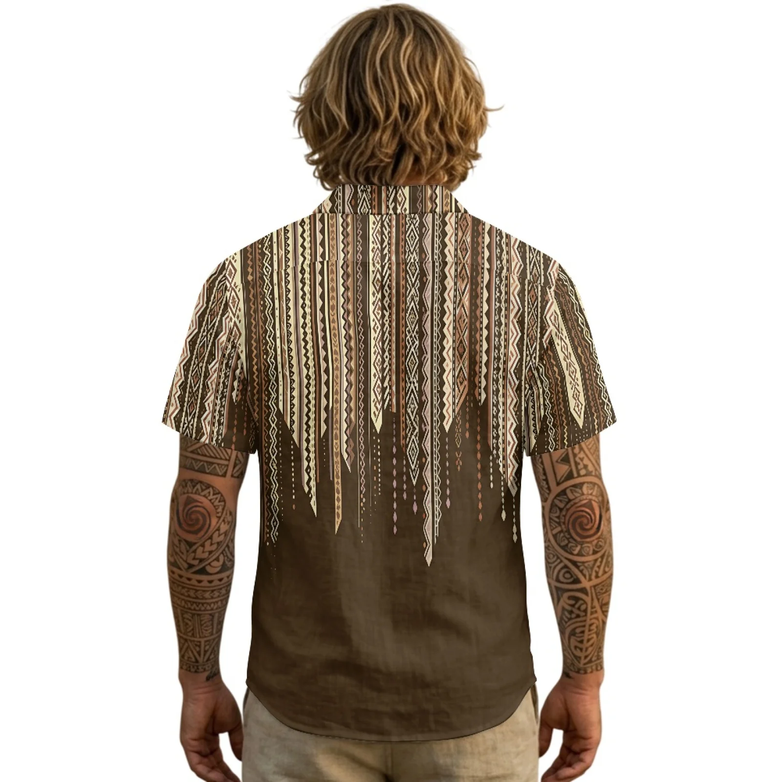 PENSTROLL Brown Geometric Print Single Breasted Men's Short-Sleeved Shirts for Vacation Linen Like Men's Top S-3XL