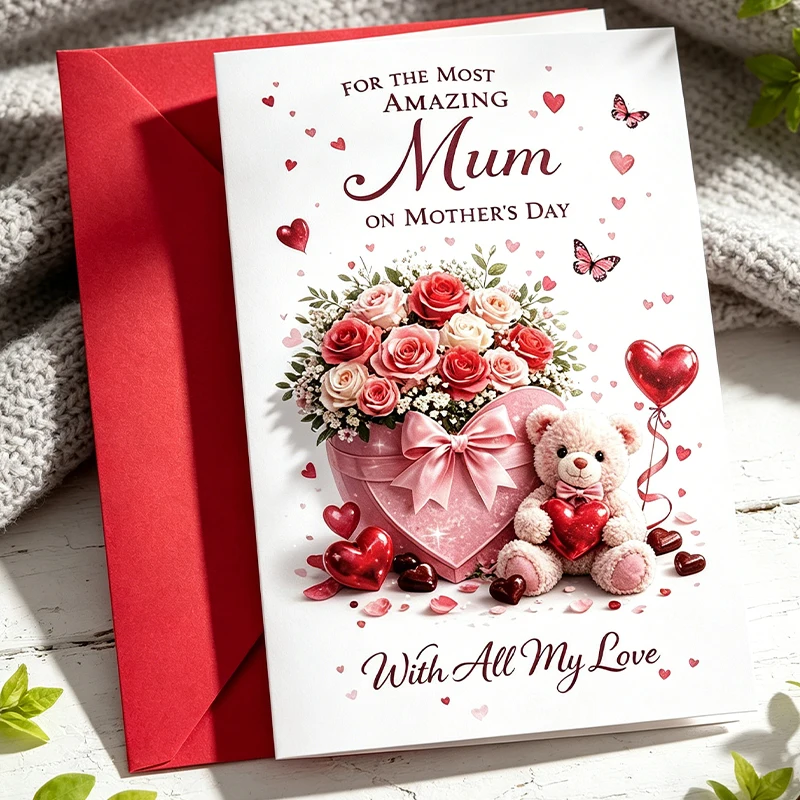 Mothers Day Card With Red Envelope For Amazing Mum Handwritten Large-sized Birthday Card And Greeting Card