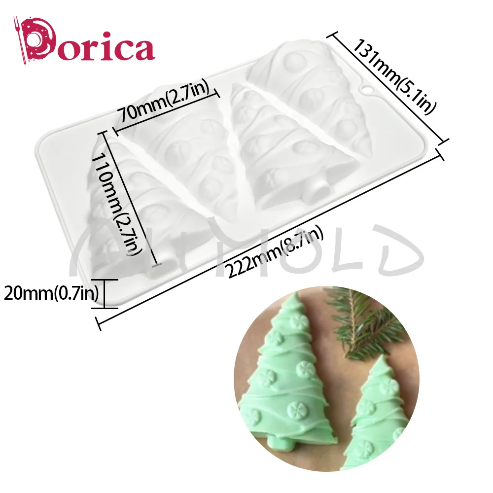 Dorica 4 Cavity 3D Christmas Tree Design Mousse Mold Chocolate French Dessert Pastry Silicone Mould Cake Baking Decorating Tools