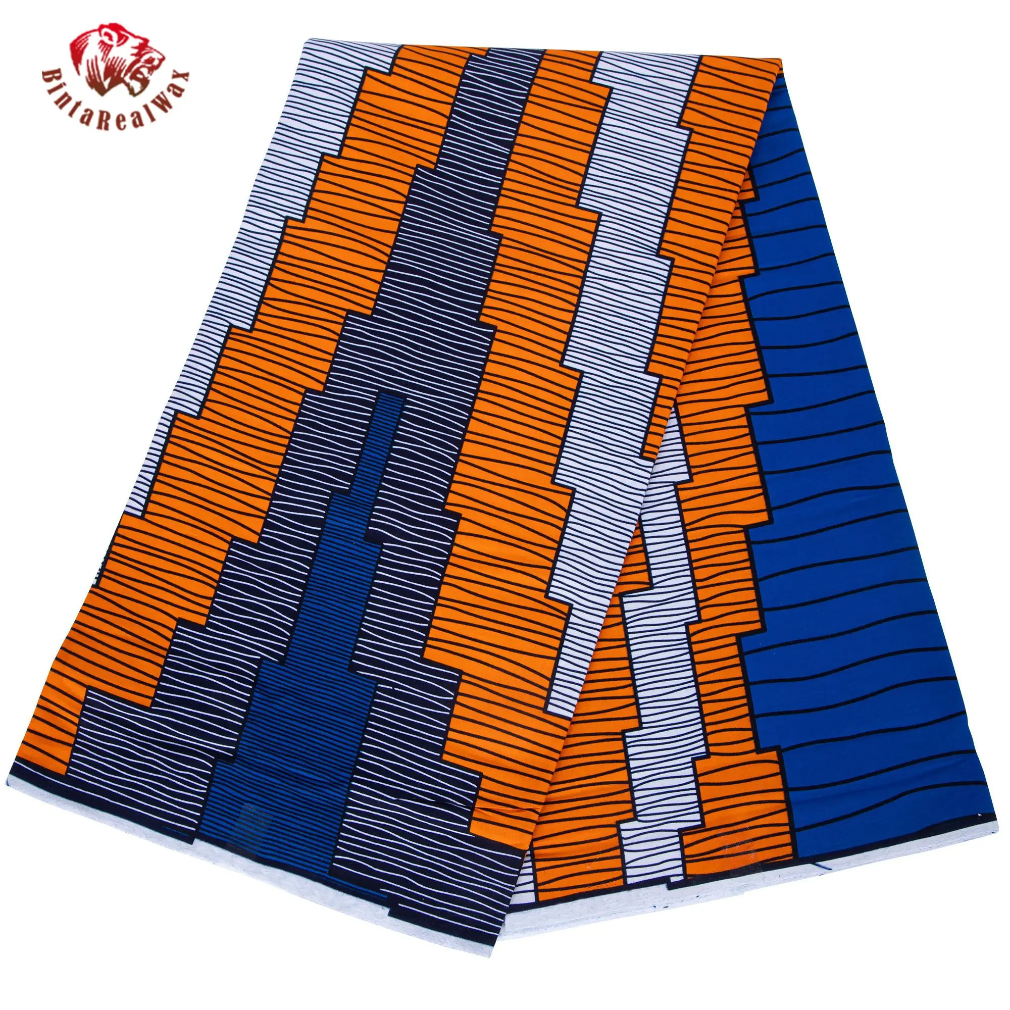

African Wax Print Fabric Ankara Geometric Striped Orange Blue White Cotton Fabric for Dress Clothing Home Decor 24FS1627