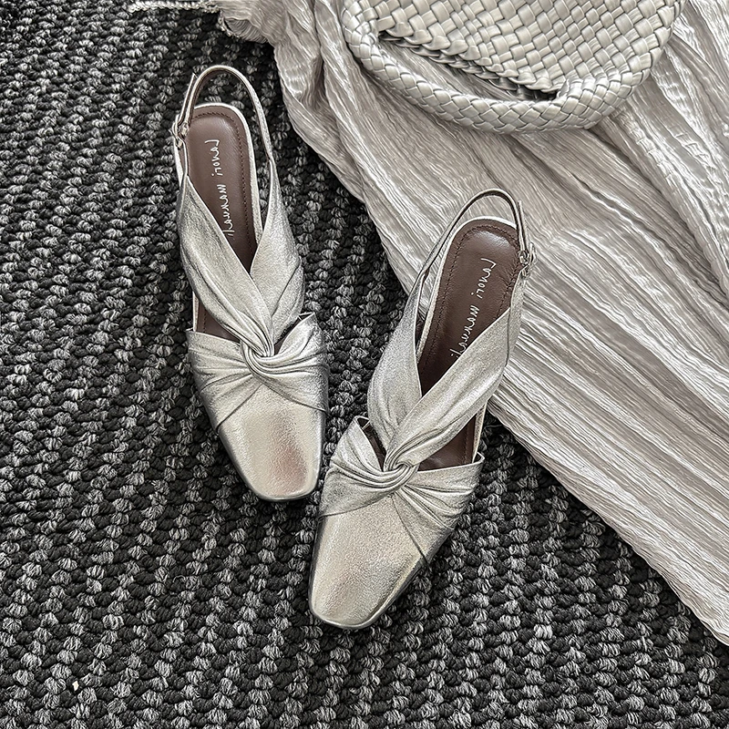 Women Sandals SquareHeel Slingbacks Summer Bowtie Sandals Closed Toe Party Wedding Handmade Real Leather Lady Dress Silver Shoes