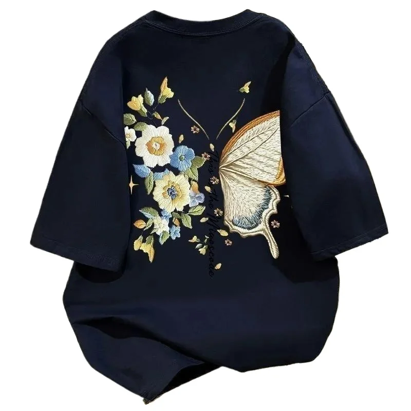 New Faux Embroidered Orchid and Butterfly Print Pure Cotton Short-sleeved and Half-sleeved Summer