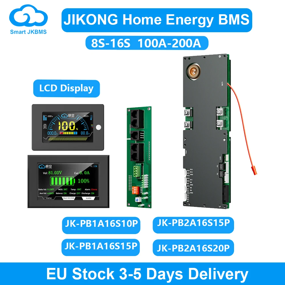 JIKONG BMS 8S-16S 24V 48V Li-Ion LiFePo4 Battery Smart BMS 100A 150A 200A Household Energy BMS to Inverter Active Balancer 1A 2A