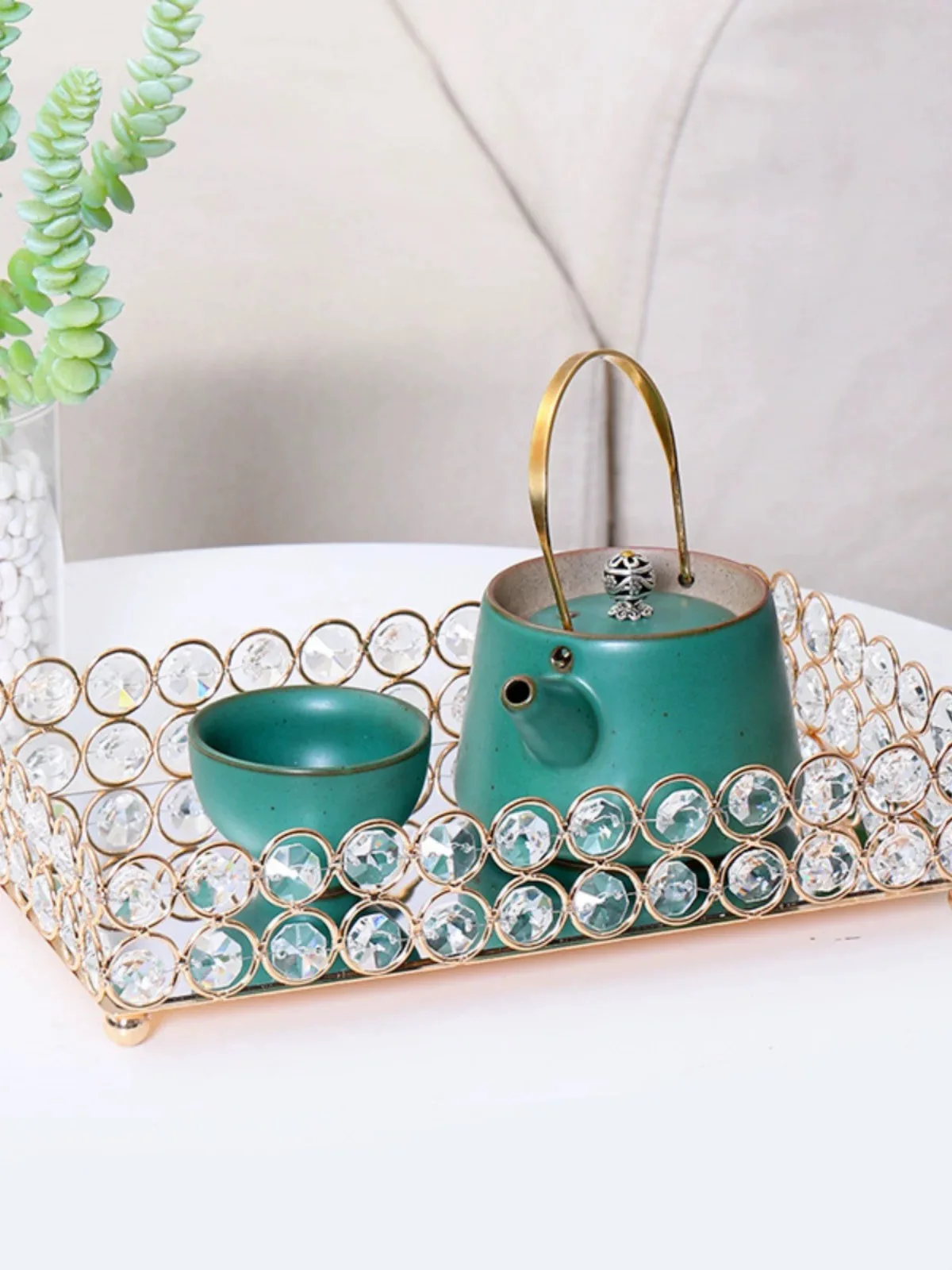 Golden Glass Mirror Tray Cosmetic Container Lipstick Necklace Desktop Shelf Storage Jewelry Metal Box Crystal Plate