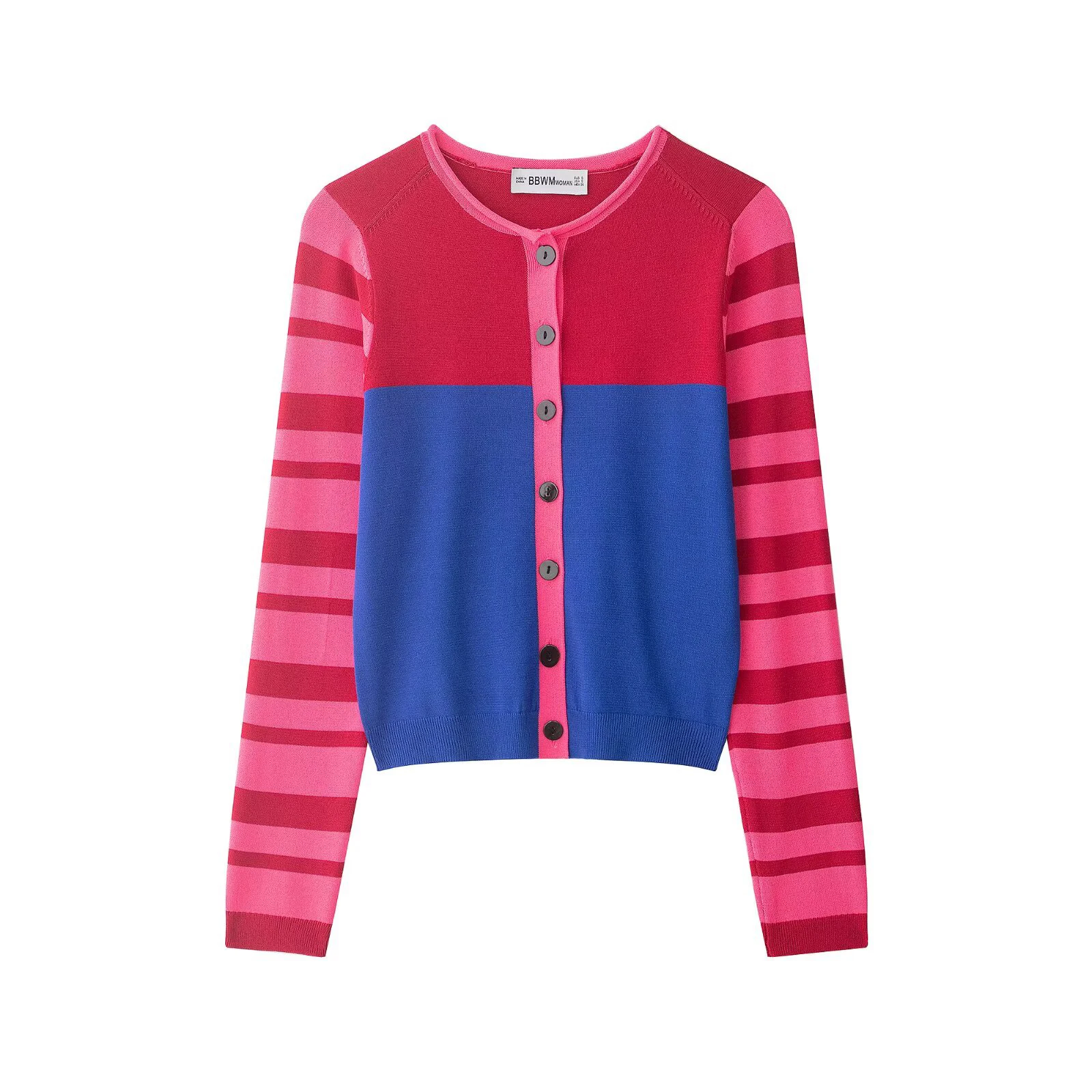 

Весенне-летний новый женский кардиган в стиле lazy style с длинными рукавами, круглым вырезом, однобортный, с цветными вставками, повседневный, вязаный.