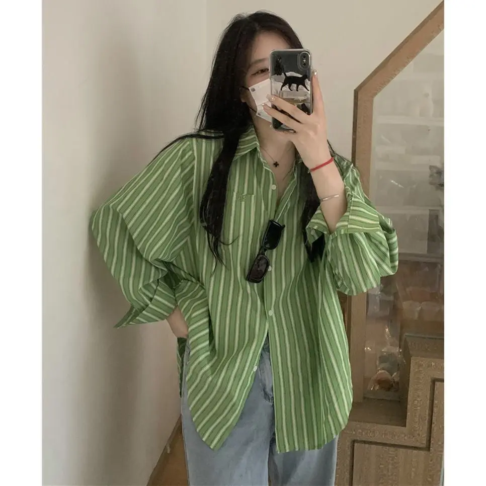 

Spring Autumn Woman Clothes Long Sleeve Shirt Chic Ins Elegant Loose Casual All-match Outerwear Tops Fashion Preppy Style Stripe