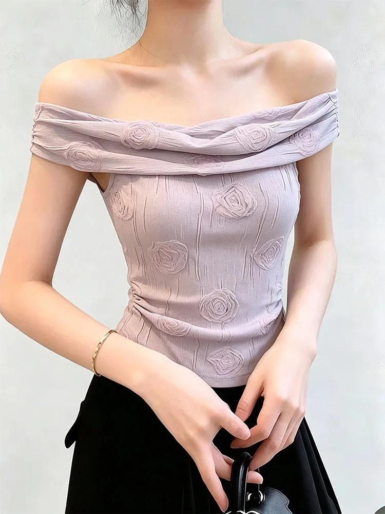 Cute Shoulder Bared One-Shoulder Pleated Flower Short-Sleeve T-Shirt Women Summer Outerwear Inner Match Unique Special Top