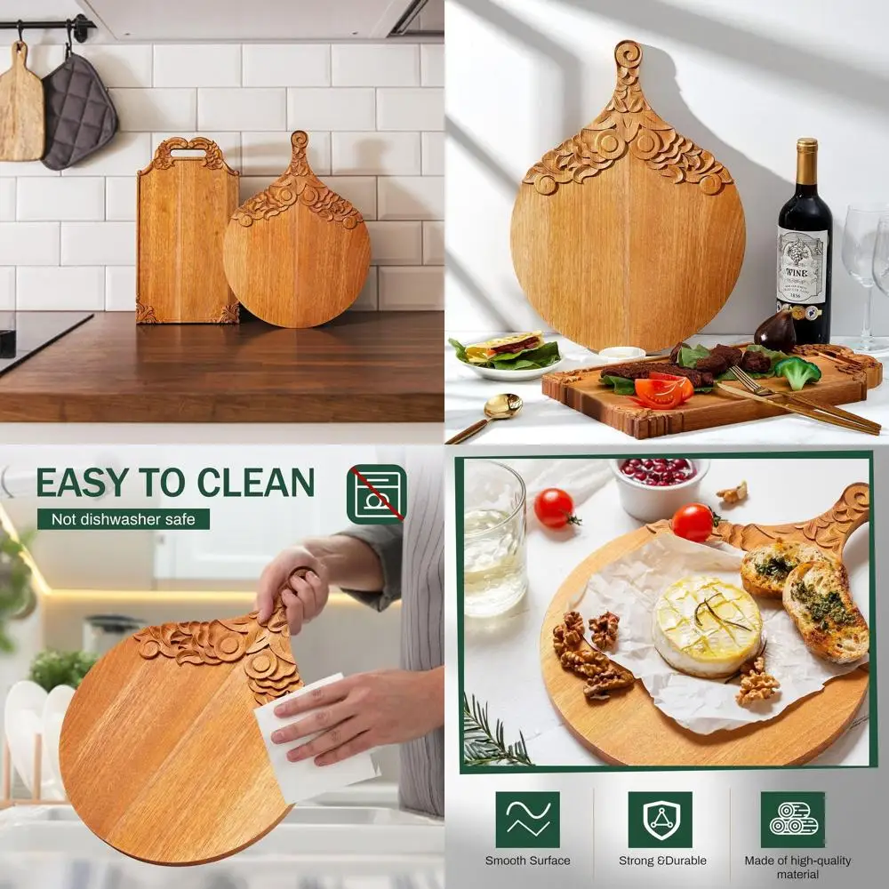 

Set of 2 Mango Wood Cutting Boards with Scalloped Edges, Large Checkered Serving Trays for Meat, Fruit, Pizza, and Baking