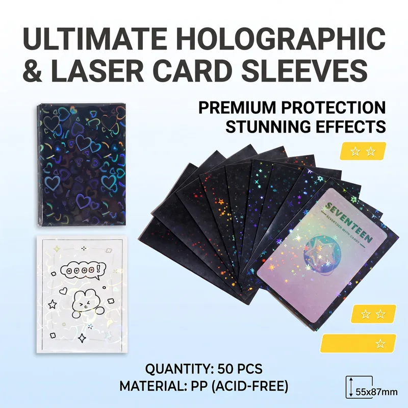 50PCS Colorful Laser heart Card Film Protection for ID Student Game Cards Heart-Shaped Glittering PVC Card Sleeves