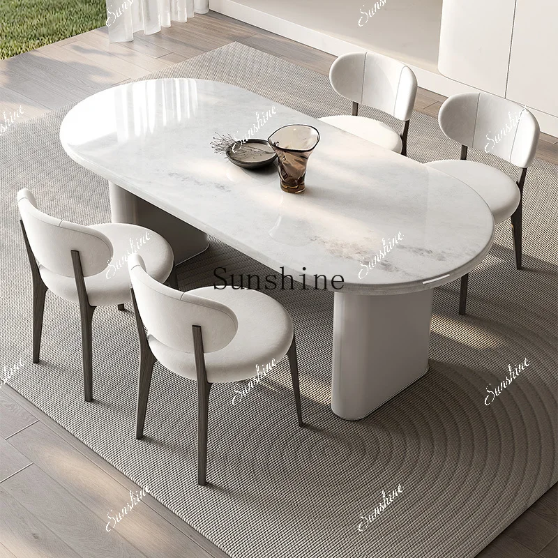 

Modern minimalist French cream premium white marble oval dining table FT