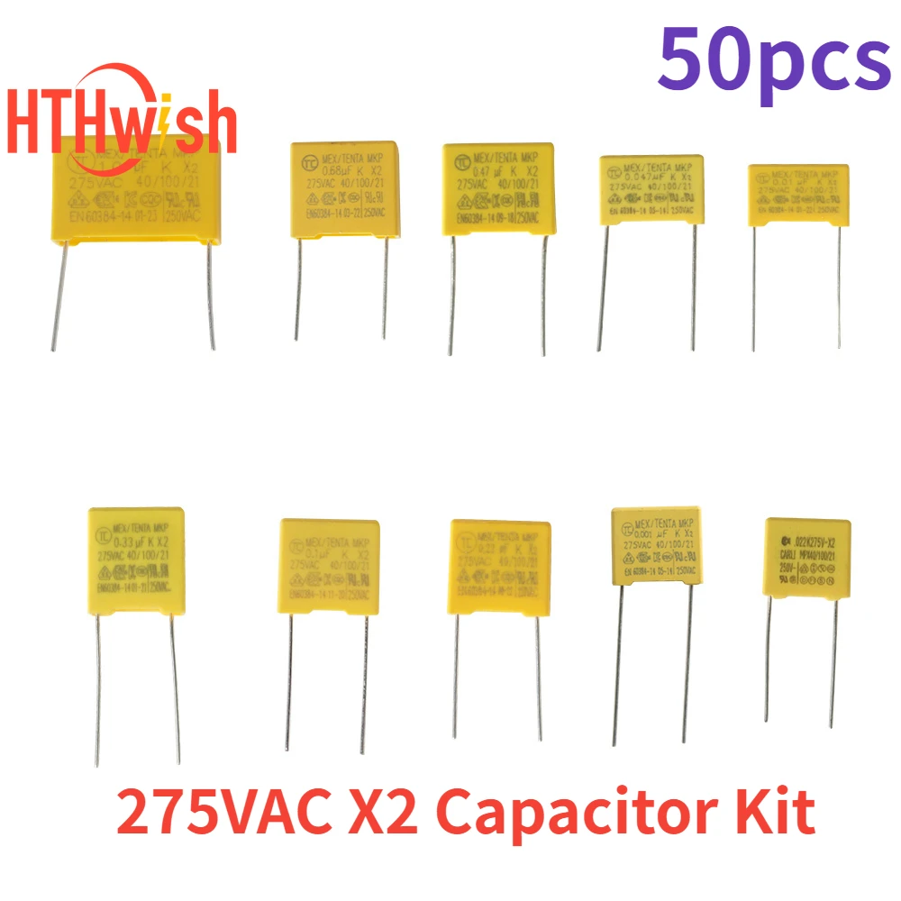 

50PCS 102K~105K Polyester Film Capacitors Pack 275VAC X2 Capacitor Assorted Kit 0.047UF 0.1UF 0.22UF 0.33UF 0.47UF 0.68UF 1UF