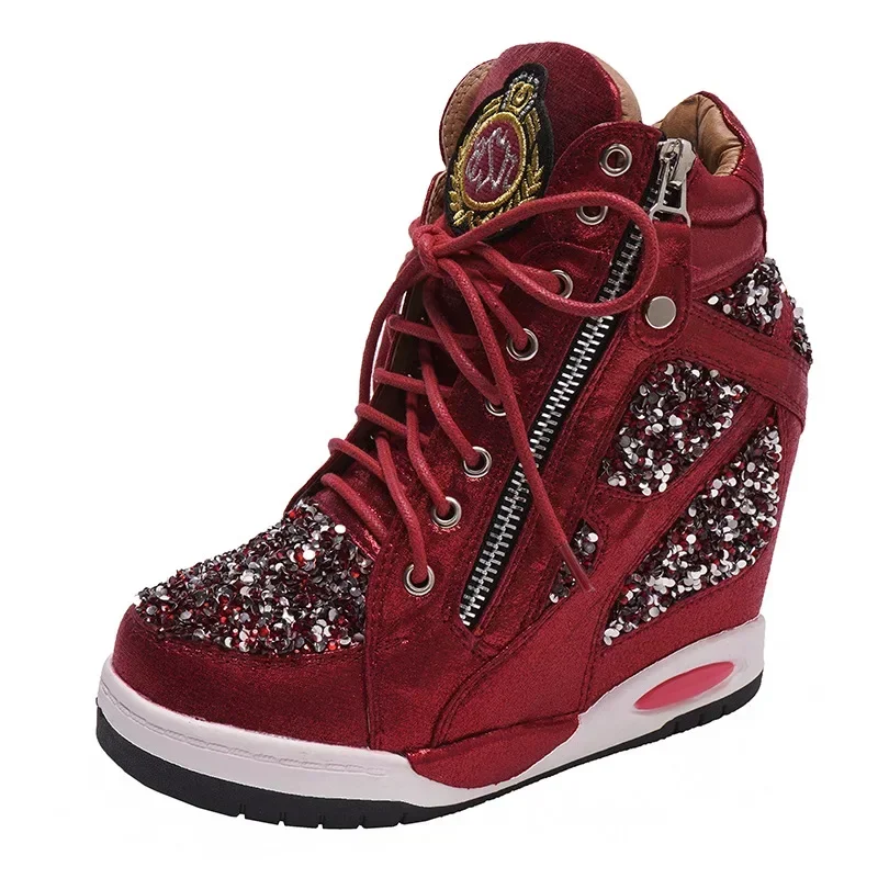 Scarpe da donna con punta a punta in vera pelle con paillettes Bling Lace Up Sneaker con zeppa nascosta scarpe con tacco a zeppa in oro con cerniera