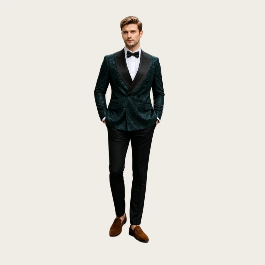 

Luxury Jacquard Men Suits 2 Pieces Shawl Lapel Double Breasted Wedding Suit Set Prom Slim Fit Tuxedo Business Blazer Customized
