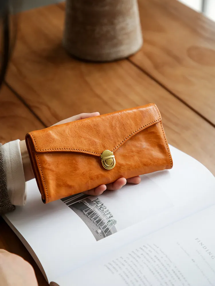 Genuine Leather Retro Women's Long Wallet Top Layer Vegetable Tanning Leather Large Capacity Lock Hand Horizontal  Wallet