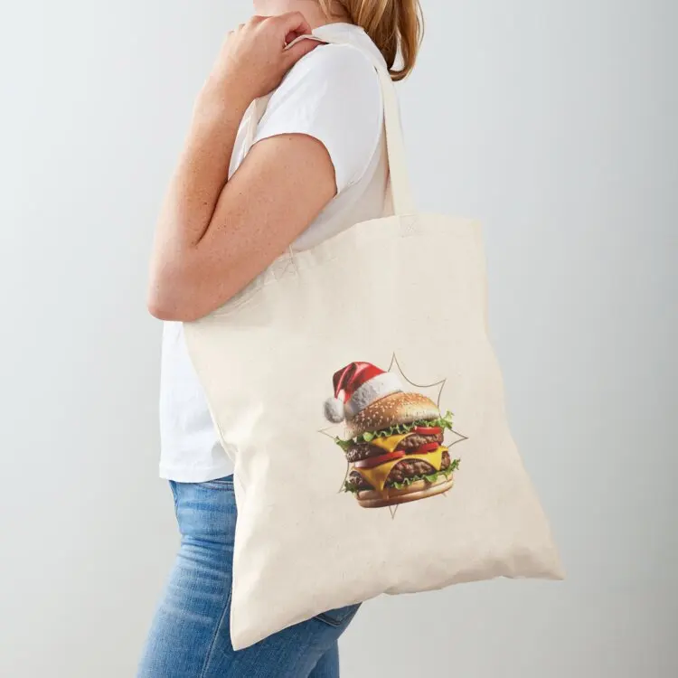 

Burger With Santa Hat Tote Bag reusable shopping bags Candy bags hand bag ladies custom canvas bag